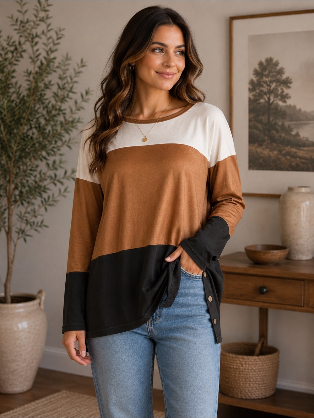 MISSLOOK Colorblock Tunic Top Brown Cream Black Button Side Long Sleeve. Ptp 24